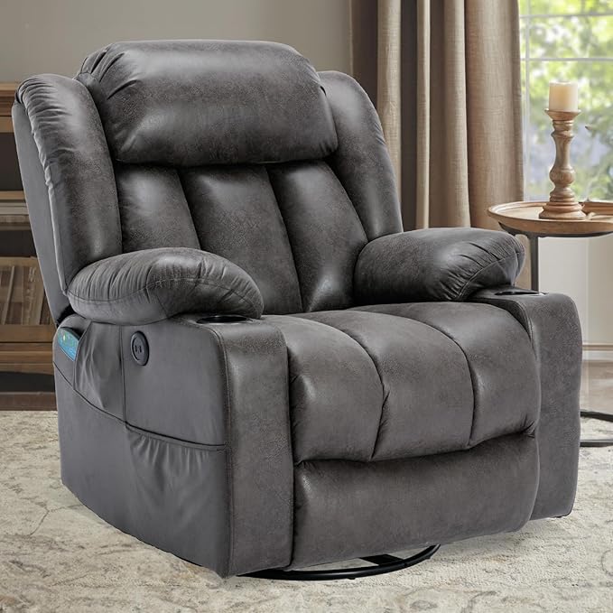 360° Swivel Rocker Recliner Chair with Heat and Massage Manual Glider Rocking Reclining Chair Swivel Overstuffed Lounge Reclining Chair with 2 Cup Holders Side Pockets &amp USB Ports Grey