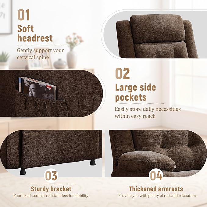Power Recliner Chair for Adults Oversized Electric Recliner with Thickened Cushions Chenille Fabric Reclining Chair for Living Room Bedroom Brown