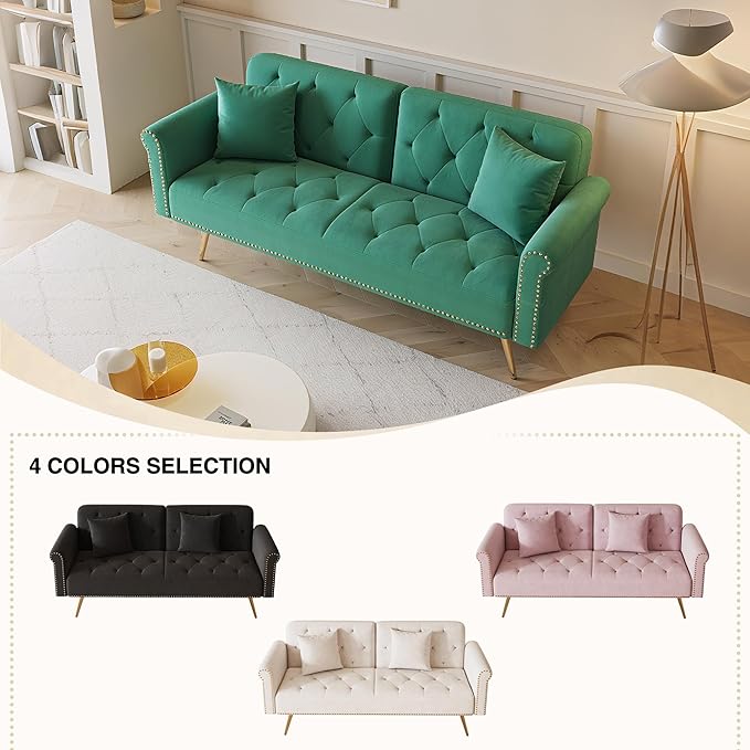 69.7'' Convertible Velvet Sleeper Sofa Bed Upholstered Futon Couch with Nail Head Trim and 2 Matching Throw Pillow for Living Room Bedroom Home Office (Green)