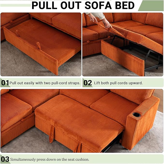 83 Modular Sectional Sleeper Sofa with Pull Out Bed Plush Corduroy L-Shaped Corner Couch with Storage USB Charger Cup Holders 5-Seater Sectional Couches for Living Room Apartment Orange