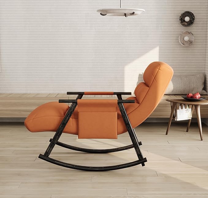 Folding Upholstered Rocking Chair Adjustable High Back with Footrest and Side Pockets Comfortable Seating for Living Room Bedroom or Balcony.