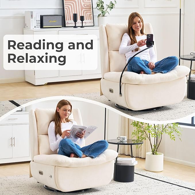 Oversized Power Recliner Chair for Adults270°Swivel Rocker Recliner with USB PortElectric Glider Recliner Chair with StorageOversized Armless Recliner with Phone HolderBeige