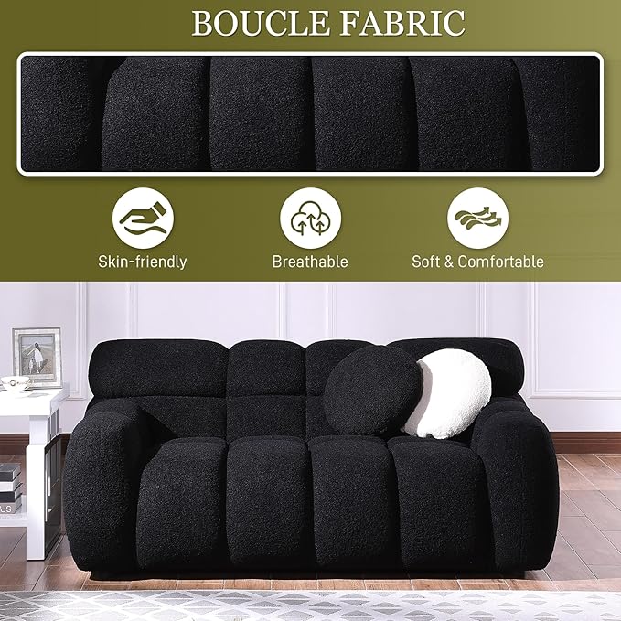 65 Boucle Loveseat Sofa Comfy Upholstered Sherpa Deep Seat Cloud Couch Cozy Modern Tufted 2-Seater Love Seat with 2 Pillows for Living Room Apartment Bedroom Black