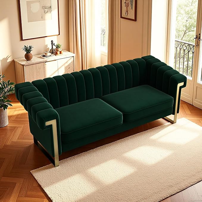 KEIKI 84 Velvet Sleek Channel-Tufted Sofa with Armrest and Back Cushions Modern Gold Accents 3-Seater Upholstery Couch with Solid Legs Easy Assembly for Living Room Bedroom Apartment Green