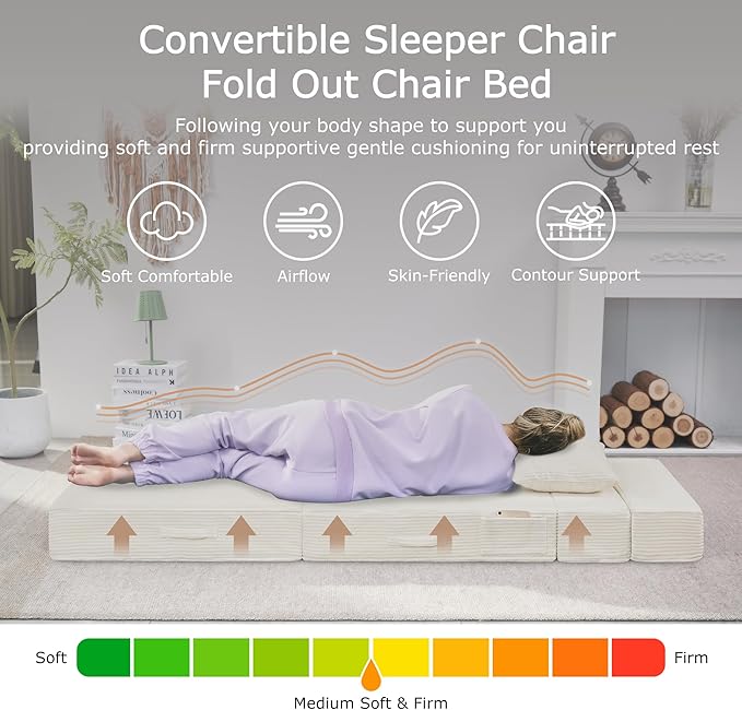 Folding Sofa Bed 4 in 1 Convertible Sleeper Chair with Pillow Twin Memory Foam Fold Out Chair Bed Modern Floor Futon Sofa Couch Mattress for Living Room/Guest/Apartment Beige | Fold out chair bed
