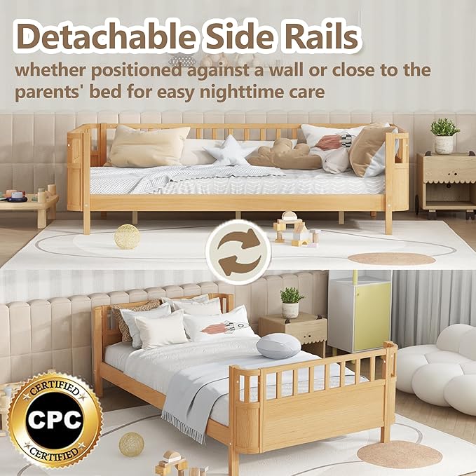 Bellemave Twin Size Montessori Bed with Fence and Slats Natural