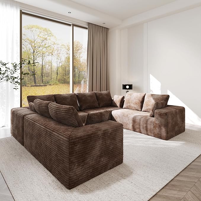 134 Inch Oversized Boneless Sofa Bed Fluffy Corduroy Sleeper Sofa for Apartment Bedroom Living Room Comfy Modular Cloud Sectional Couch Boneless Couch No Assembly Brown