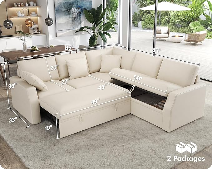 VanAcc Sofa Bed 85 Inch Sleeper Couch with Storage Seat L Shaped Sofa with Pull Out Sofa Bed Sectional Couches for Living Room Apartment Beige Linen Couch Sofa