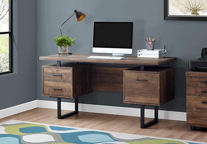 BOWERY HILL Computer Desk 60 in Wide Metal Legs Brown Reclaimed Wood-Look Finish Storage Drawers Thick-Panel Floating Top Reversible Configuration Modern Style Home Office Writing Desk