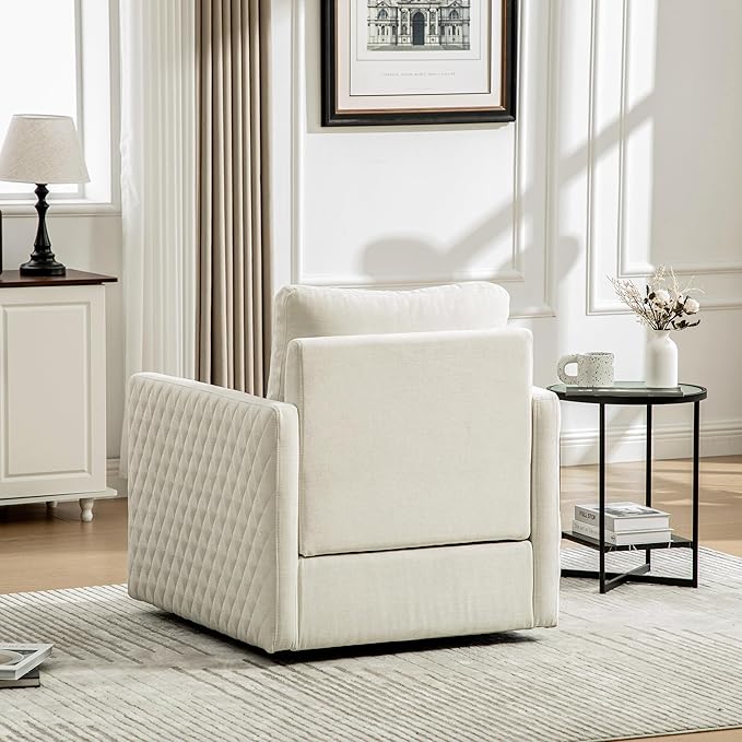 29.5'' Swivel Accent Chair Upholstered 360° Swivel Chenille Reading Armchair with Hidden Storage Comfy Diamond-Shape Tufted Single Sofa Club Chairs for Living Room Bedroom (Beige)