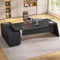 78 inch L Shaped Executive Desk with Power Outlets Large Home Office Desk with Storage Drawers and File Cabinet Modern Computer Desk with Shelves Black Business Furniture