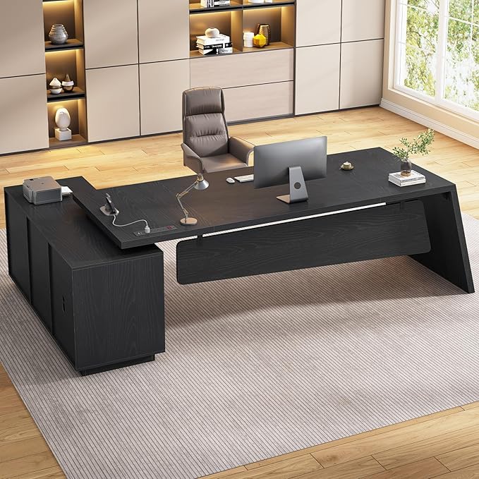 78 inch L Shaped Executive Desk with Power Outlets Large Home Office Desk with Storage Drawers and File Cabinet Modern Computer Desk with Shelves Black Business Furniture