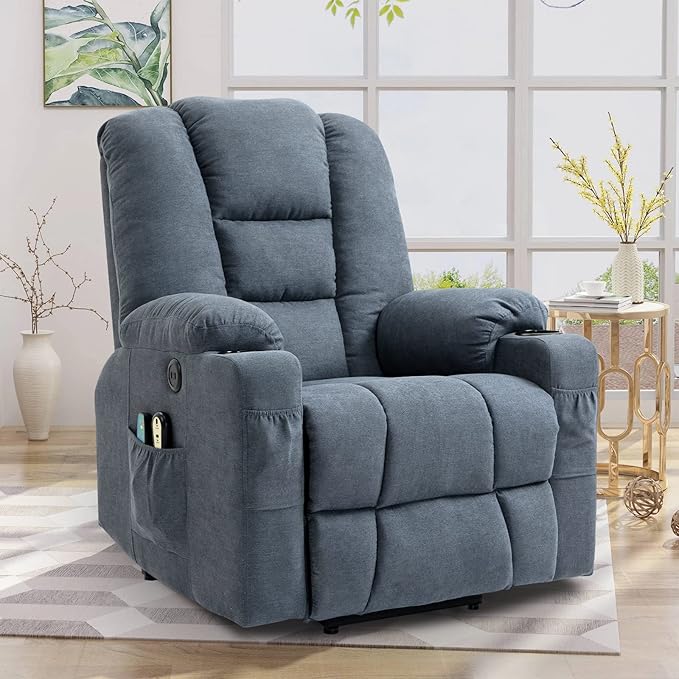 Electric Power Lift Recliner Chair with Heat and Massage Lift Recliner for Elderly Single Sofa recliners for Living Room with Cup Holders 4 Pockets USB Ports Soft Fabric (Gray-Blue)