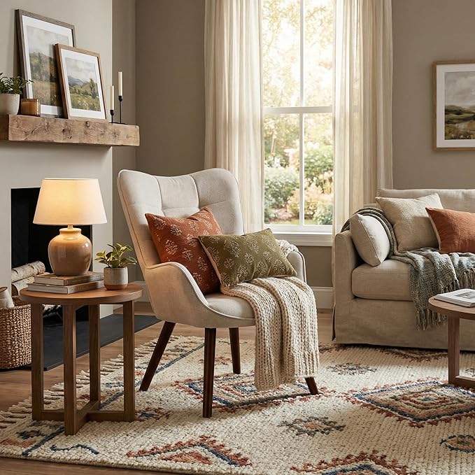 FurnitureR Tufted Wingback Accent Chair for Bedroom/Lounge Leisure Armchairs High Back Ergonomic Fabric Upholstered Living Room Chair Comfortable Stylish with Solid Wood Legs Beige/Walnut