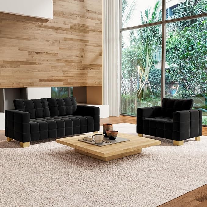 81.89 Sofa Comfy 3 Seat Sofa Tufted Chenille Upholstered Sofa Couch for Living Room with Gold Metal Legs and 2 Throw Pillows (Black+1.5S)