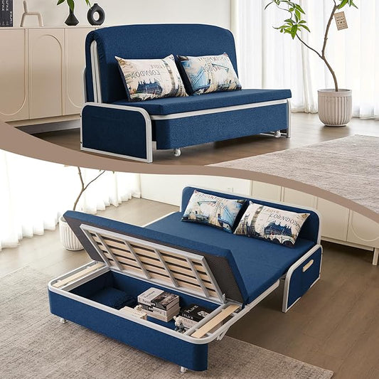 60 Full Size Loveseat Couch Bed 3 in 1 Convertible Pull Out Sleeper Sofa Bed with Storage Trundle and 2 Pillows for Living Room Bedroom Dorm Office RV (Midnight Navy-909)