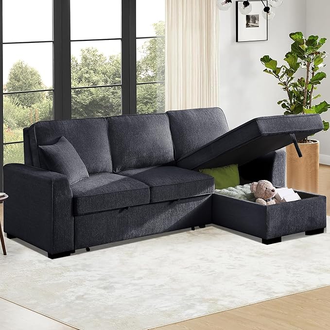 INSTORY Sectional Sleeper Sofa with Pull-Out Bed Drop-Down Table USB &ampType-C Port Cup Holders Dark Gray