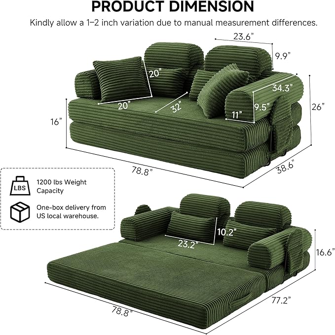 79 Sofa Bed Deep Seat 32 Sleeper Sofa 5-in-1 Convertible Sofa Bed Boneless Couch in a Box Corduroy Floor Futon with Thickened backrest and Headrest Pillows Side Pockets Dark Green