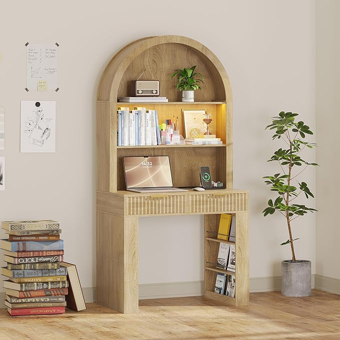 Arched Writing Desk with Hutch Home Office Desk with 2 Fluted Drawers Secretary Desk with Outlets LED Lights Bookshelves Wood Computer Desk for Small Space Bedroom 35.4W x 70.8H (Oak)