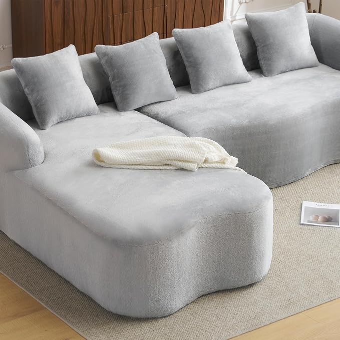 KEIKI 104.7 Cloud Sofa L-Shape Sectional Sofa with Curved Chaise Futon Sofa Couch Folding Mattress for Living Room Guest BedroomNo Assembly Required Light Gray