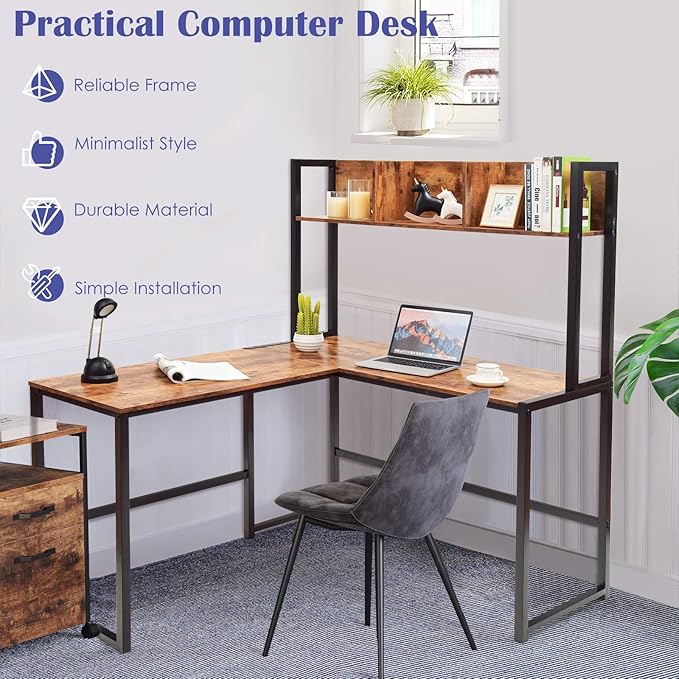 MEDIMALL L-Shaped Desk w/Storage Shelf Reversable Corner Desk Game Table w/Sturdy Metal Frame Multifunctional Computer Desk for Home Office (Rustic Brown)