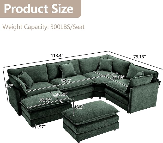 113.4 Deep Seat Sectional Cloud Sofa with 2 Ottomans Oversized U Shaped Modular Couch Large 6 Seater Corner Couches for Living Room Green Chenille