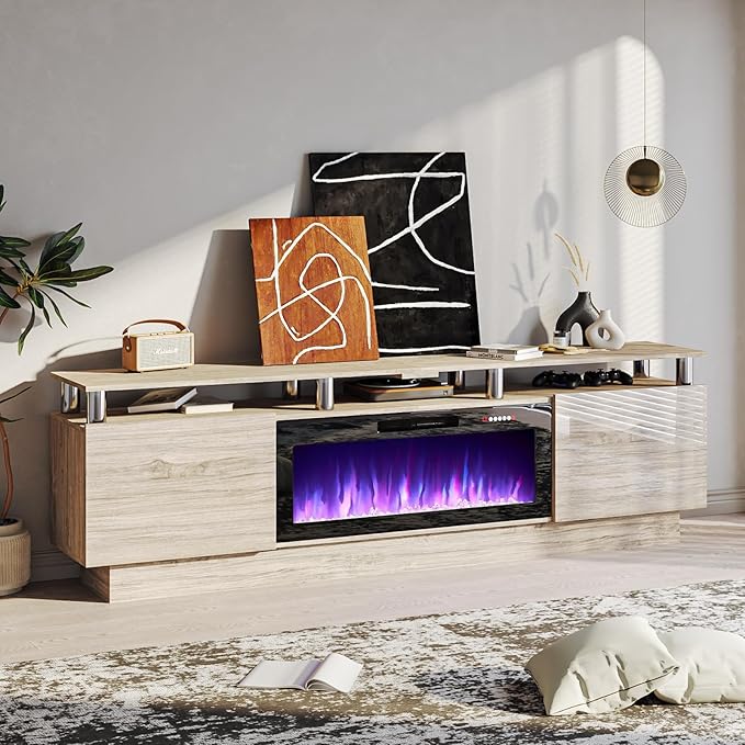 80 Modern Fireplace TV Stand with 36 Electric Fireplace for TVs Up to 90 inch Luxury LED Light Entertainment Center with High Gloss Cabinet TV Consoles for Living Room Grey