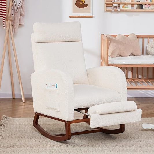 Nursery Rocking Chairs with Foot Rest Rocking Chair Nursery Chair with High Back Glider Rocking Chair Baby Nursery Glider Rocker Nursing Chair Accent Living Room (Teddy White)