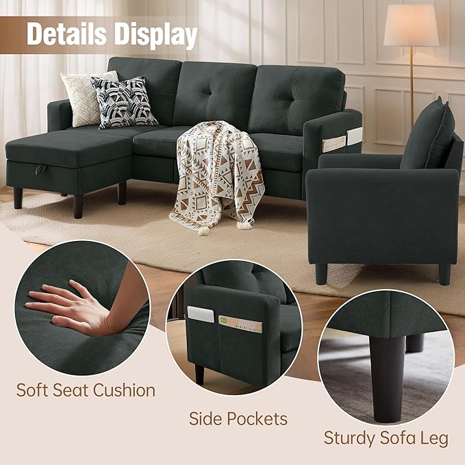 2PCS Sectional Couch Set 3 Seat Sofa and Chair Set with Side Pockets &amp Movable Storage Ottoman Modern Convertible Fabric Corner Lliving Room/Office Sofa Set (3+1Seat/ Black)
