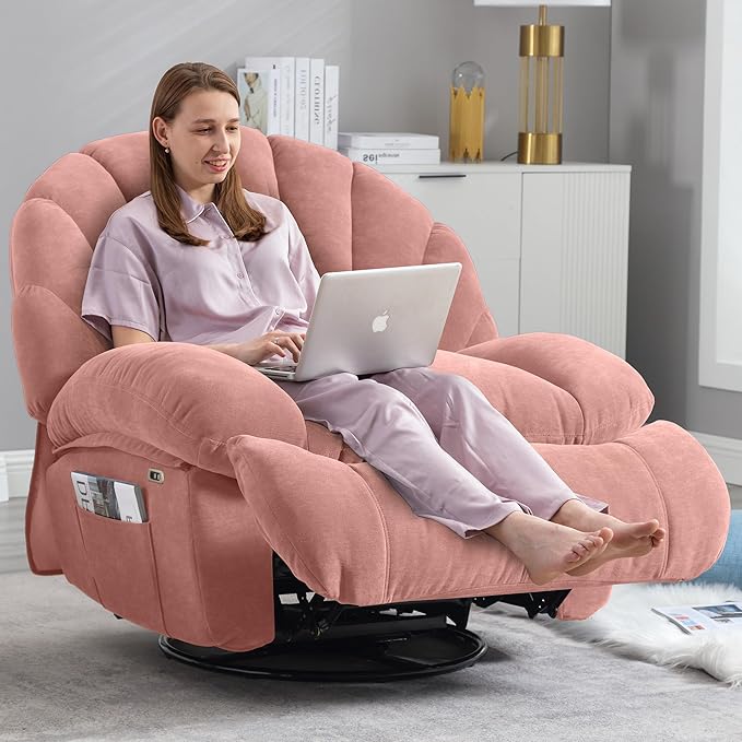 Power Recliner Chair Swivel Comfortable Soft Fabric Shell Shape with Storage 360 Swivel Electric Big Tall Single Reclining Sofa for Adults Living Room Bedroom (Pink)
