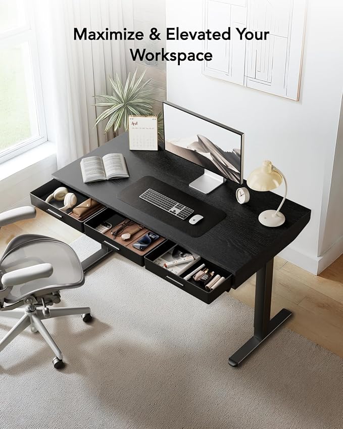 HUANUO Electric Standing Desk with Drawers C-Clamp Mount Compatible 48 x 24 Inch Height Adjustable Sit Stand Desk Fabric Drawers Home Office Stand Up Desk with 4 Custom Height Settings Black