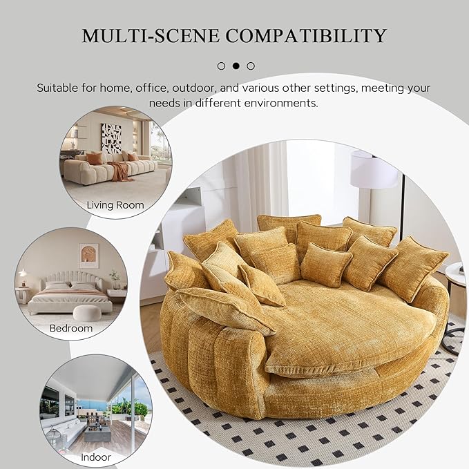 81.1 W Oversized Round Chair Swivel Accent Chair Extra Large Knitted Chenille Living Room Chair (Yellow)