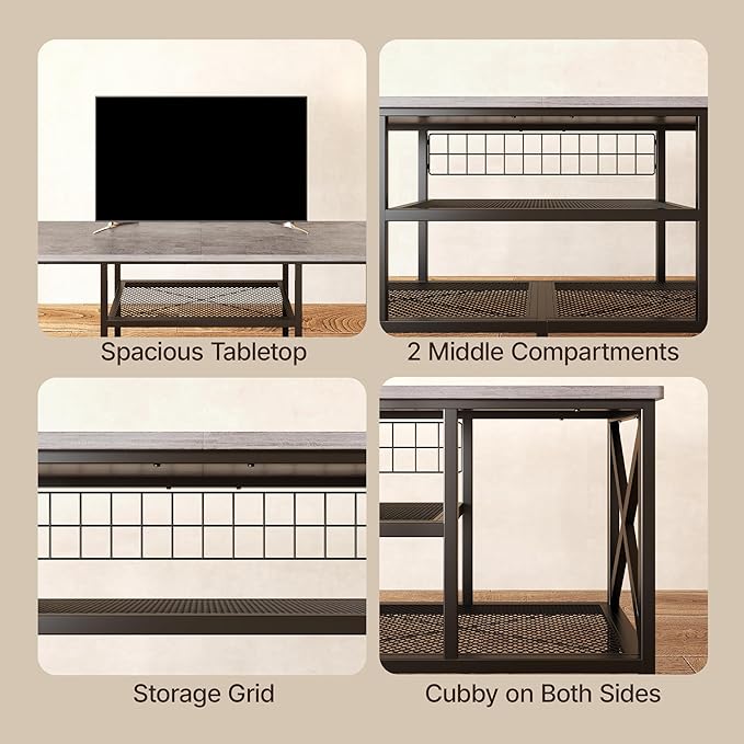 Gizoon TV Stand for 55-65 Inch TVs 3-Tier Industrial Media Entertainment Center with Open Shelves Metal Frame 59.8'' Solid Wood Table top for Living Room Bedroom Office Grey