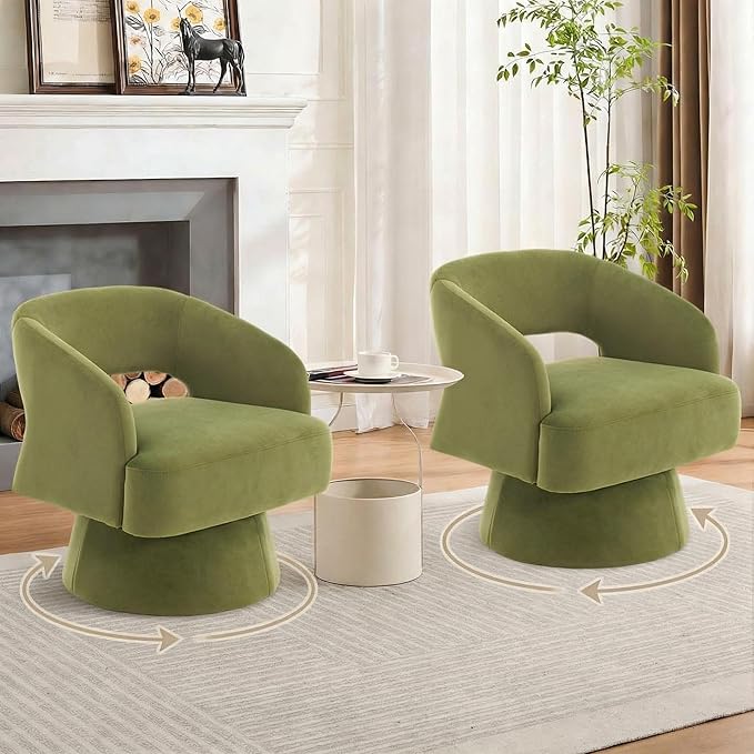 GarveeHome Modern Swivel Barrel Accent Chair 360° Velvet Upholstered Armchair with Striped Backrest &amp Plush Padding Comfy Round Lounge Chair (2 Green + Hollowed)