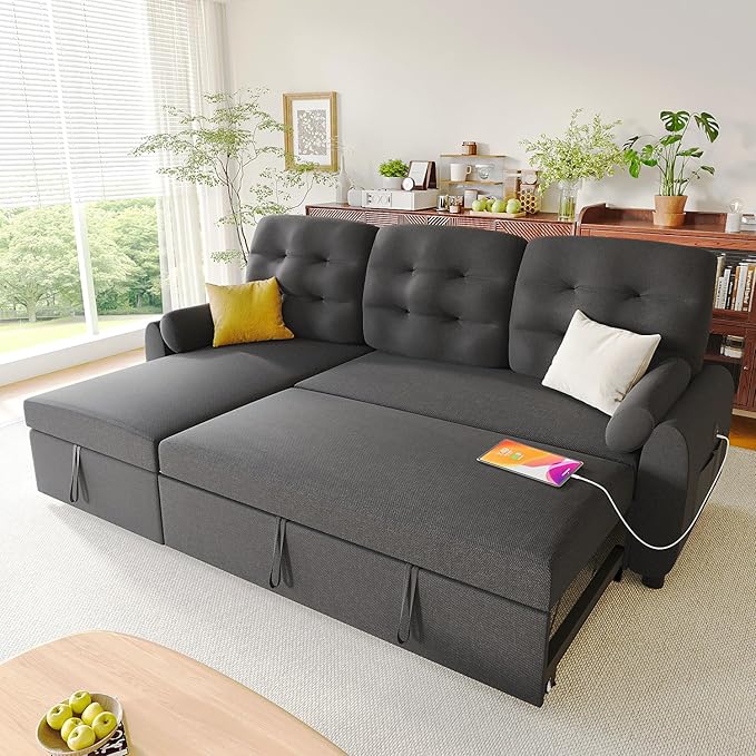 Ucloveria Sleeper Sofa Bed 86 Convertible Sectional Sofa Couches for Living Room Pull Out Couch Bed with Reversible Storage Chaise | USB Ports | Side Pockets | Removable Backrest