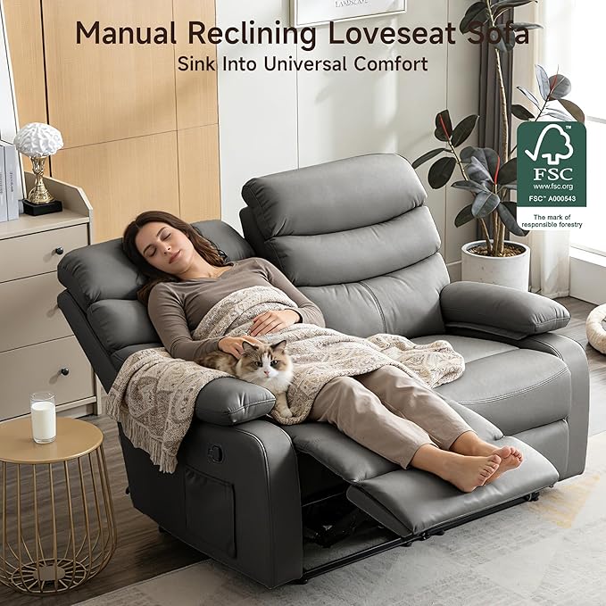 Reclining Loveseat Leather Double Recliner Sofa with Side Pocket Wall Hugger Loveseat Recliner for Living Room RV Home Theater(Grey)