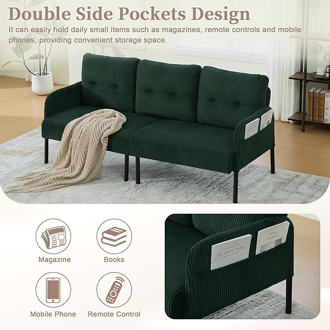 KEIKI 67 Corduroy Loveseat Sofa with Double Side Pockets &amp High Resilience Cushion Modern Style Upholstery Oversized 2-Seater Couch with Metal Legs Easy Assembly for Living Room Emerald
