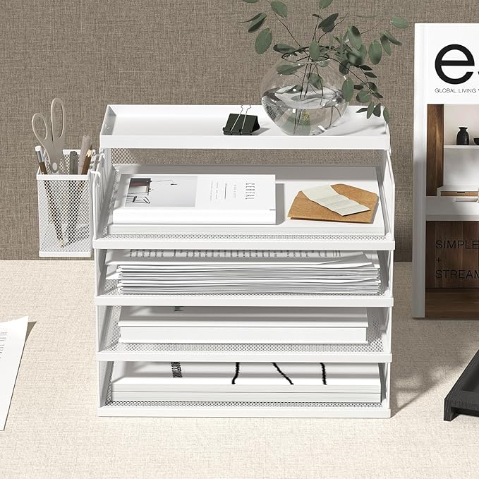 Metal Stackable Letter Trays 4-Tier Desk Organizer &amp Paper Trays for Office Stackable File &amp Document Tray with Magnetic LabelsWhite