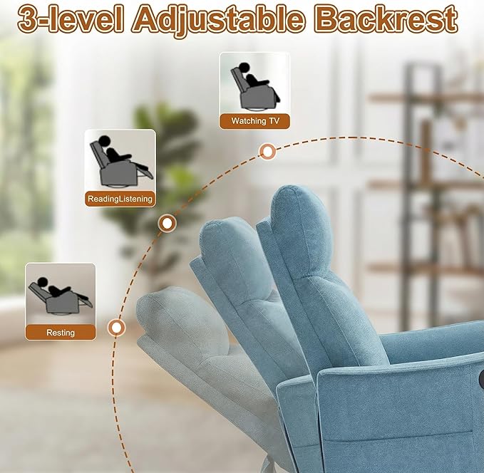 Manual 360° Swivel Rocker Recliner Chair for Adults Overstuffed Glider Chair for Nursery with Vibration Massage and Heat Comfy Soft Fabric Glider with Side Pockets for Living Room Blue