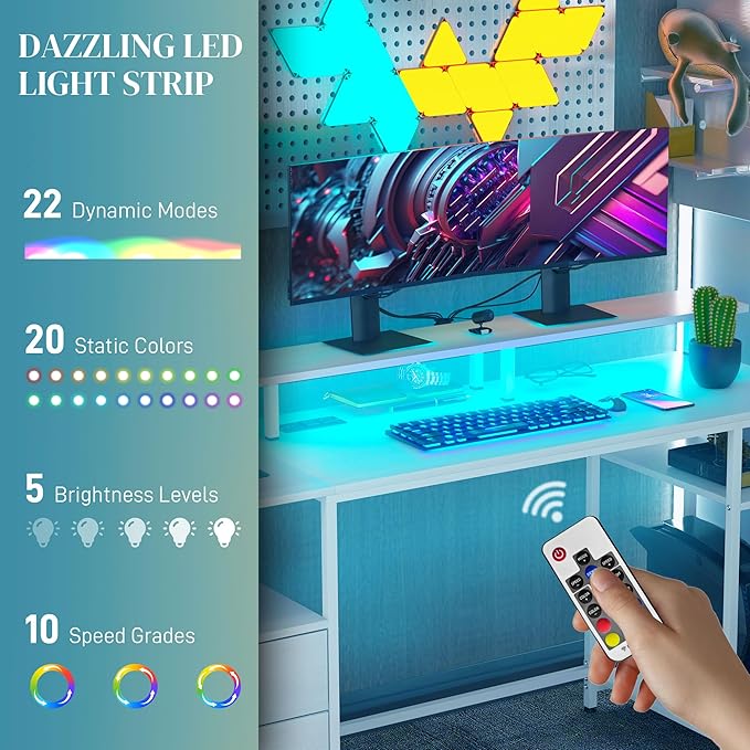 61 Computer Desk with LED Lights Power Outlets and USB Ports Gaming Desk with Storage Shelves Monitor Stand Fabric Drawers Remote for Home Office Study Distressed White