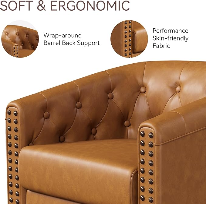 Swivel Barrel Accent ChairRound Nailhead Faux Leather Living Room Arm ChairsModern Upholstered Comfty Reading Nook Chairs for BedroomSmall Club ArmchairSingle Sofa Side ChairCaramel Brown