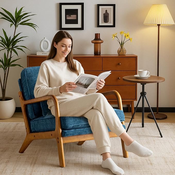 Karl home Mid Century Modern Accent Chair with Lumbar Pillow &amp Oak Arms – Plush Chenille Living Room Chair for Bedroom Lounge (Blue)