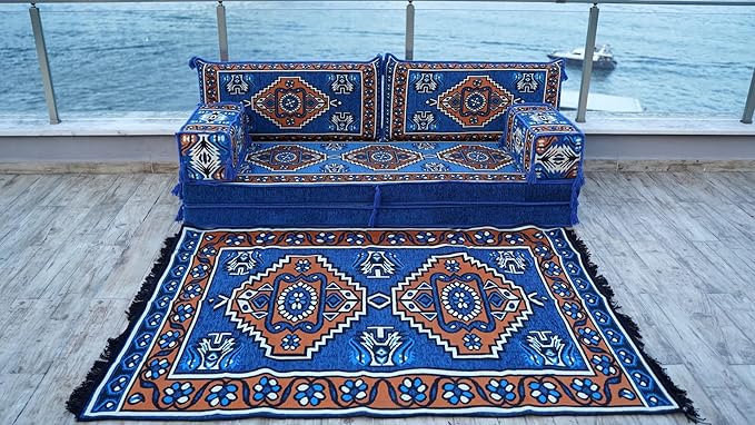 arabicsofa 8 Inch Thick Royal Blue Arabic Floor Cushion – Handmade Modular Majlis Seating with Backrest Pillows