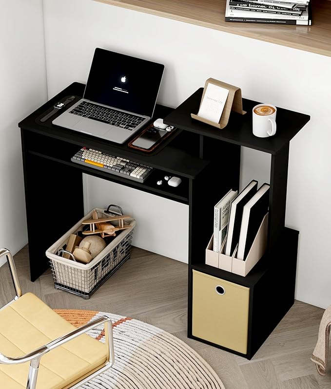 Small Computer Writing Desk with Drawers Home Office Desk with Storage Shelves for Home Office Bedroom Black/Brown