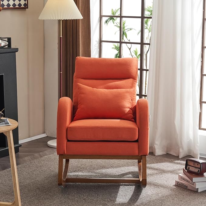 VINGLI Orange Linen Rocking Chair Nursery with Thick Headrest Upholstered Mid-Century Modern Nursing Rocker Glider with Curved Armrest Sturdy Solid Wood Base for Living Room Bedroom Baby Room