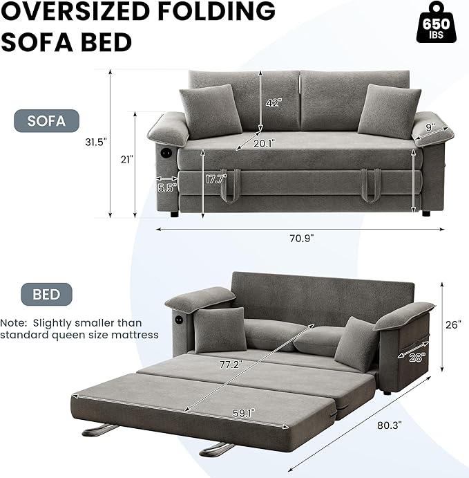 SUNWAVE Oversized Loveseat Sleeper Sofa 77 Convertible Sofa Bed 2-Seat Pull Out Couch w/USB Chenille Queen Folding Sofa Bed for Living Room Small Spaces Bedroom (Gray)