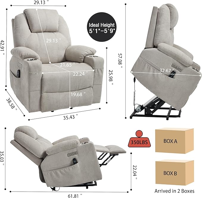 Power Lift Chair with Massage &amp Heat Electric Recliner Chairs for Adults Remote Control Sofa for Living Room Standing Assistance USB Ports Stainless Steel Cup Holders (Chenille Beige)