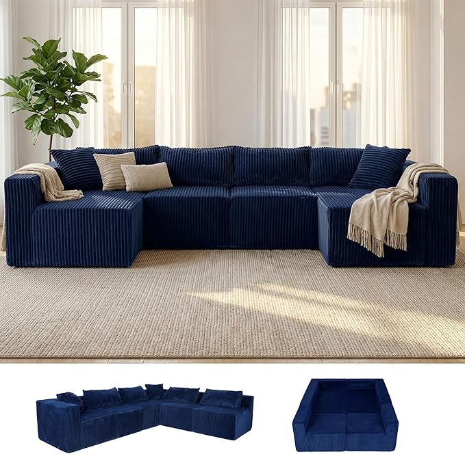 128 U-Shaped Modular Sofa Modern Cloud Couch with Double Chaise Sectional Boneless Couch with Pillows Deep Seat Sofa for Living Room Bedroom No Assembly Required Blue
