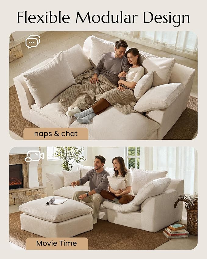 High Back Boneless Cloud Couch Luxury Chenille Modular Cloud Sofa No Assembly Boneless Couch with Removable Covers No Assembly Two Middle Modules Warm White