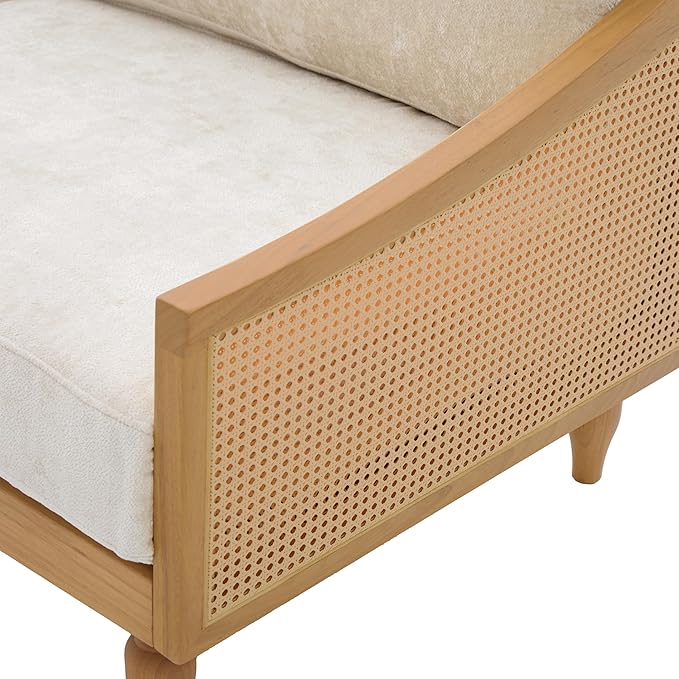 Christopher Knight Home Harper Mid-Century Loveseat Sofa Couch 2-Seater Lounge Sofa with Rattan Armrests and Wooden Legs Chenille Upholstered Couches for Living Room and Small Space Natural
